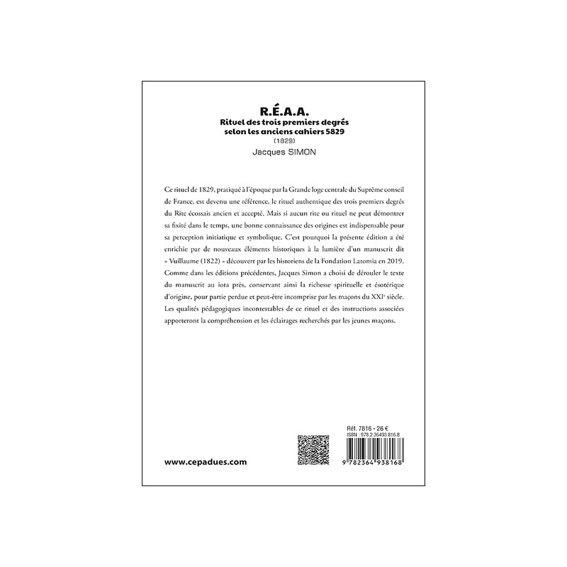 R.É.A.A.  Rituel des trois premiers degrés  selon les anciens cahiers 5829 (1829)
