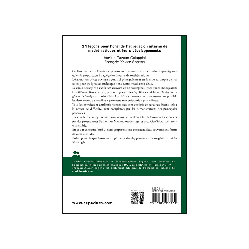 31 leçons pour l’oral de l’agrégation interne de mathématiques et leurs développements. Oral 1 et oral 2. 2e édition